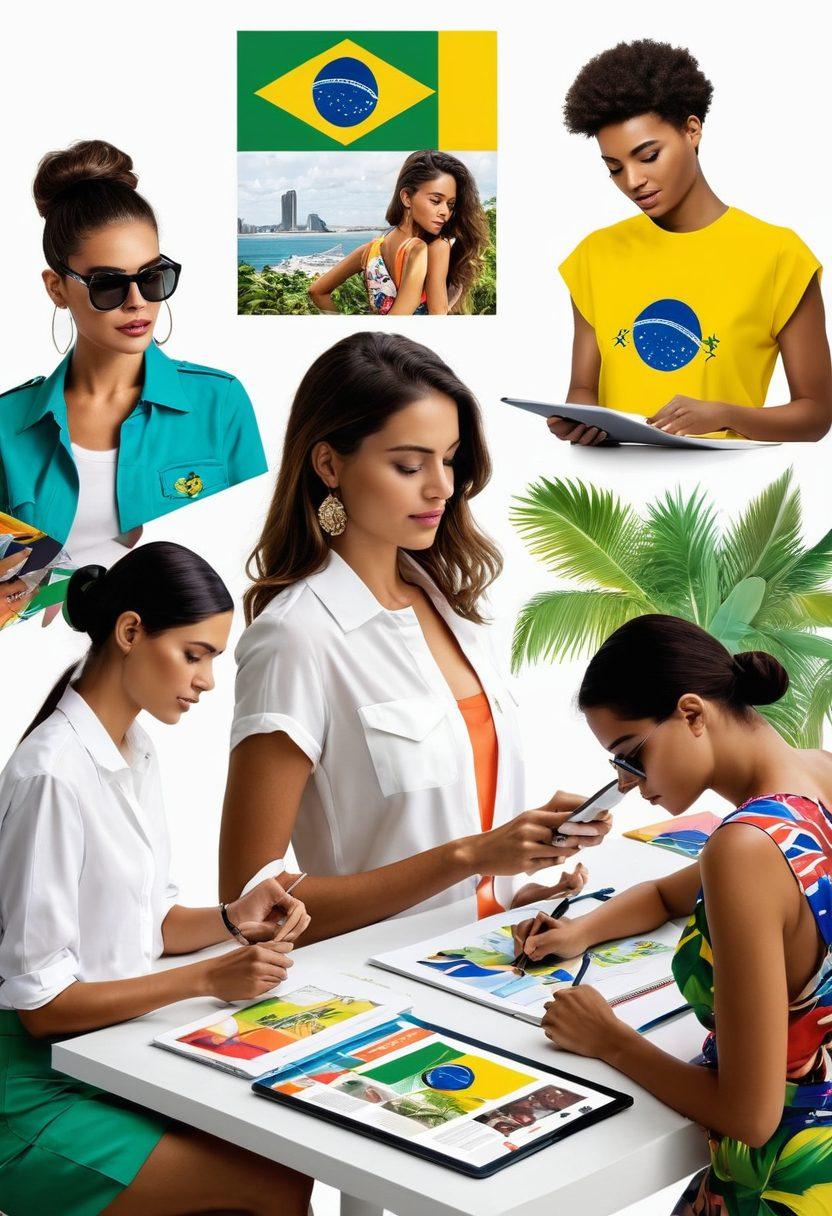 An inspiring collage showcasing various career paths in Brazil's apparel scene: a fashion designer sketching on a colorful notepad, a marketer analyzing trends on a digital tablet, and models showcasing vibrant outfits on a runway, surrounded by Brazilian flags and tropical scenery. The vibe is energetic and dynamic, symbolizing growth and creativity in the fashion industry. super-realistic. vibrant colors. white background.