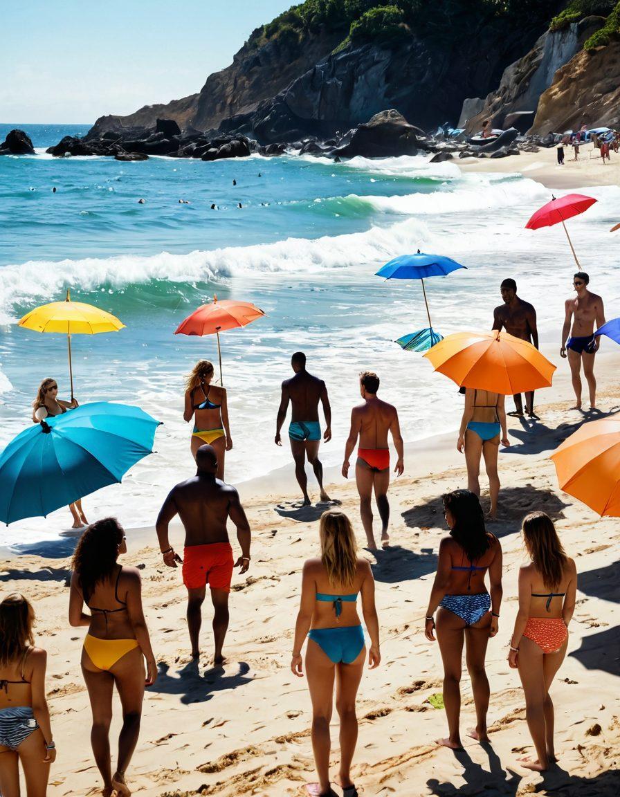 A dynamic scene featuring a diverse group of young professionals in stylish swimwear, joyfully discussing innovative designs by the beach. In the background, colorful beach umbrellas and surfboards enhance the lively atmosphere, while ocean waves crash gently nearby. Sunlight sparkles on the water, emphasizing a sense of opportunity and adventure. The mood is bright and energetic, inspiring dreams of careers in the swimwear industry. vibrant colors. super-realistic.